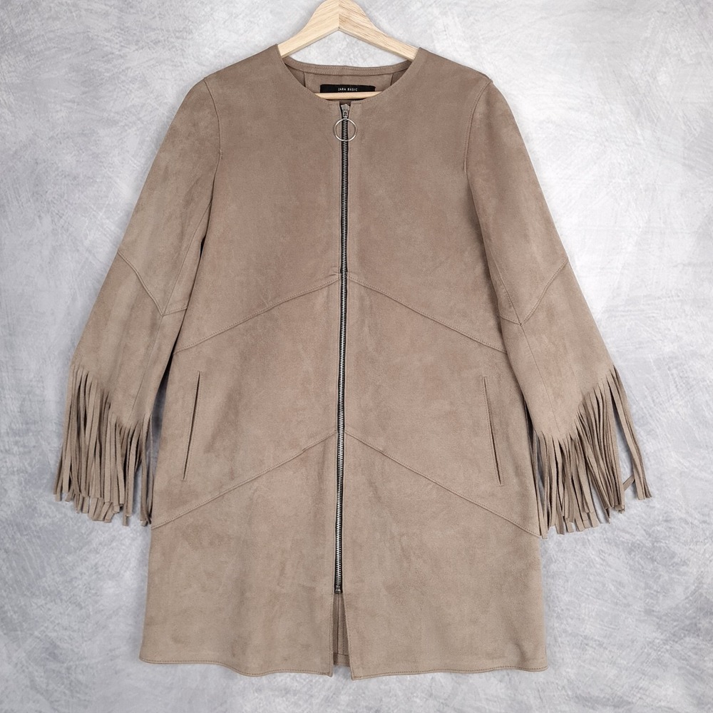Zara Faux Suede Jacket Womens Small Taupe Fringe Sleeve Southwestern Mid-Length